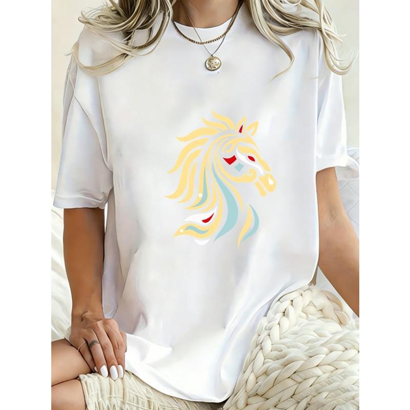 Oversized T Shirt Black Horse Head Graphic Print Casual Wear For Women