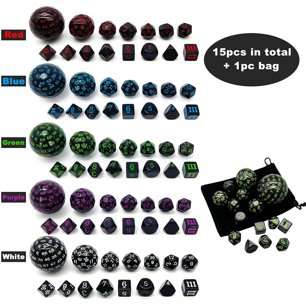 Polyhedral Dice Set, Game Dice Set Acrylic 15Pcs D4-D100 with Bag for DND Role Playing Game