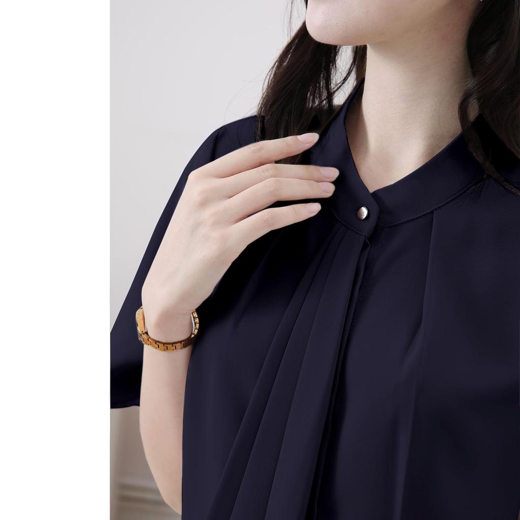 Shirt Blouse for Short Body Office Going Summer [Yino] Women, Sleeve, Bowtie, Drape, Ribbon, Covering, Slimming, Stylish, Neat, Feminine, Adult, Cute,