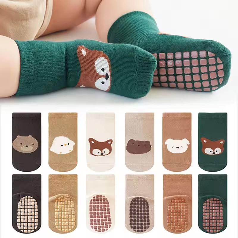 6 Pairs Kids Non-Slip Socks Cute Cartoon Fox And Bear Pattern Childrens Boys Girls Floor Socks Comfortable for Toddler Sock Gift