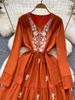 Women Spring Autumn Dress Retro Embroidered V-neck Strap Waist French Elegant Long Sleeve Grand Swing Long Dress