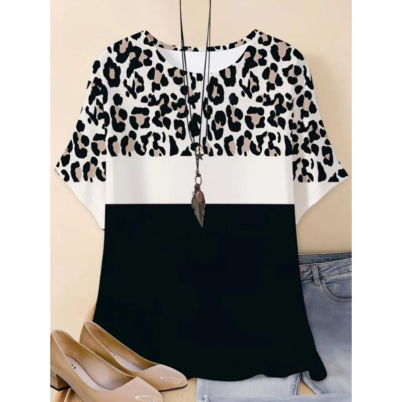 Fashion Women's Crew Neck Short Sleeve 3D Color Printing Striped Short Sleeve Crew Neck T-Shirt