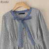 ZANZEA Womens Round Neck Casual Plaid Patchwork Long Sleeve Blouse
