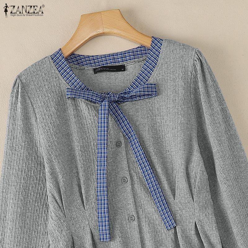 ZANZEA Womens Round Neck Casual Plaid Patchwork Long Sleeve Blouse