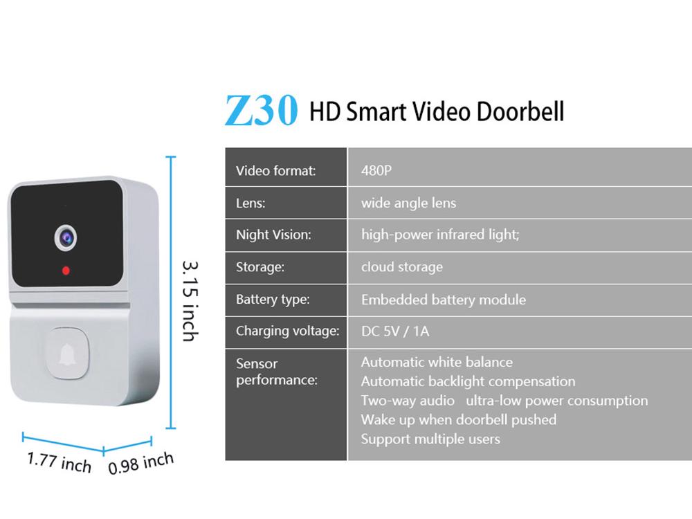 Inteligentny dzwonek wizyjny WiFi Z30 z kamerą zdalną i wbudowaną baterią