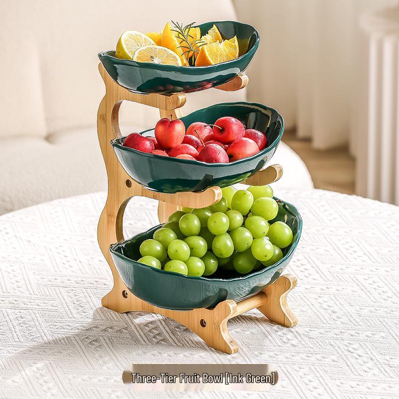 Bamboo & Wood Multi-layer Fruit Bowl and Pastry Plate - Creative Double-layer Ceramic Snack Holder for Home.
