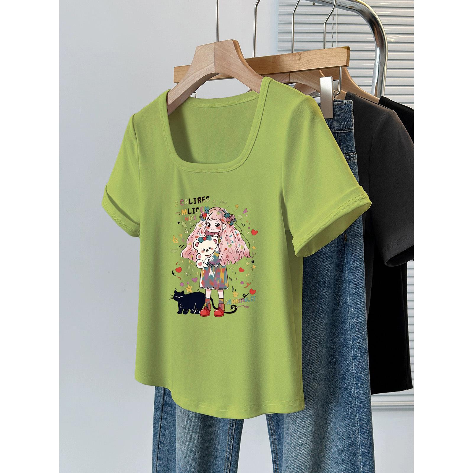 

2025 summer large size women s clothing new printed shoulder square neck T-shirt covering the meat and showing thinness versatile bottoming shirt M [80-60kg]
