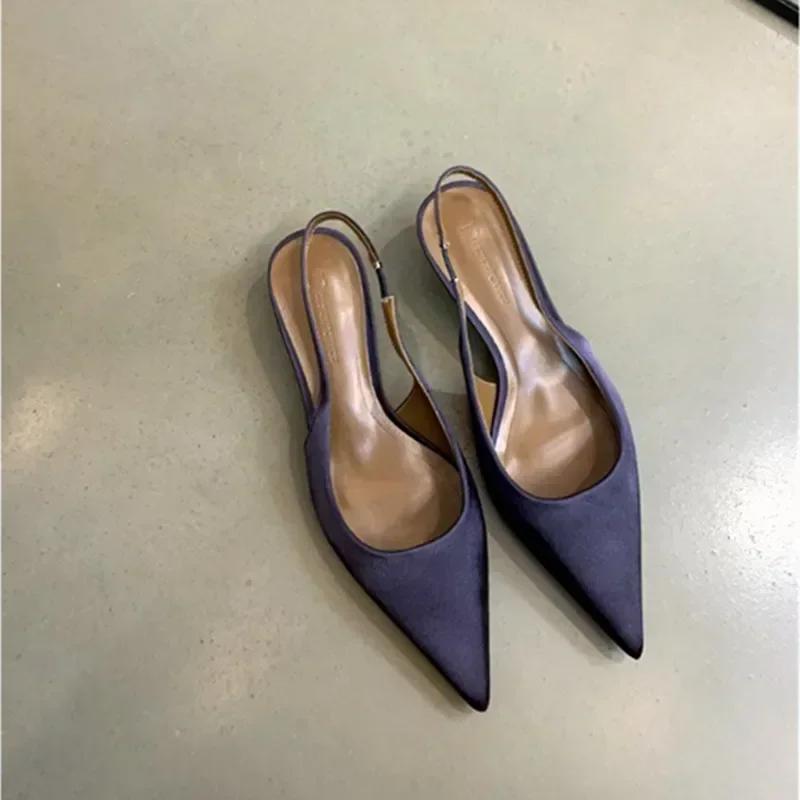 Fashion Elegant Purple Satin Low Heel Women Pumps Sexy Pointed Toe High Heels for Women Hollow Back Strap Mules Fashion Party Dress Shoe