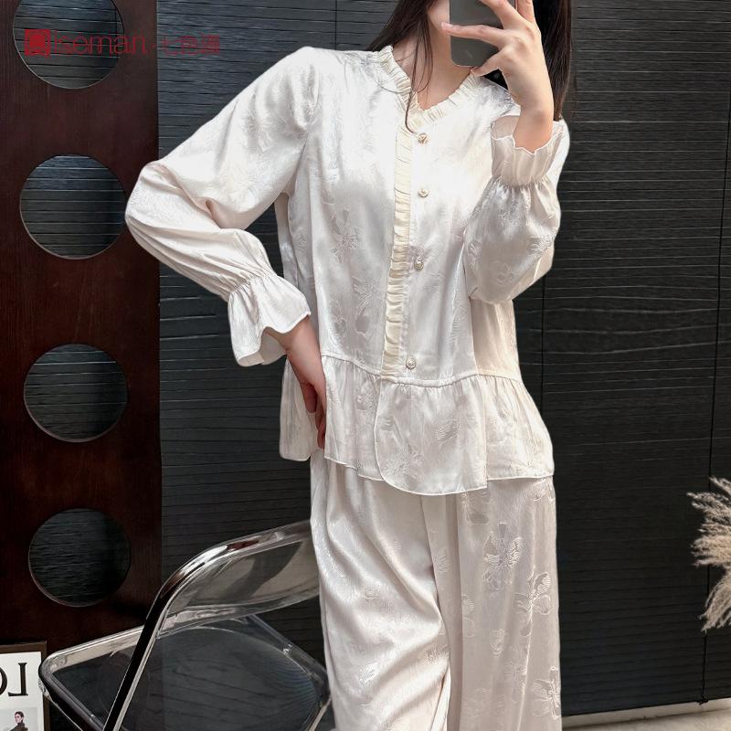 Jacquard Ice Silk Long-sleeved Pajama Set Spring and Summer Court Style Thin Satin Loungewear High-end Pajama Set Women