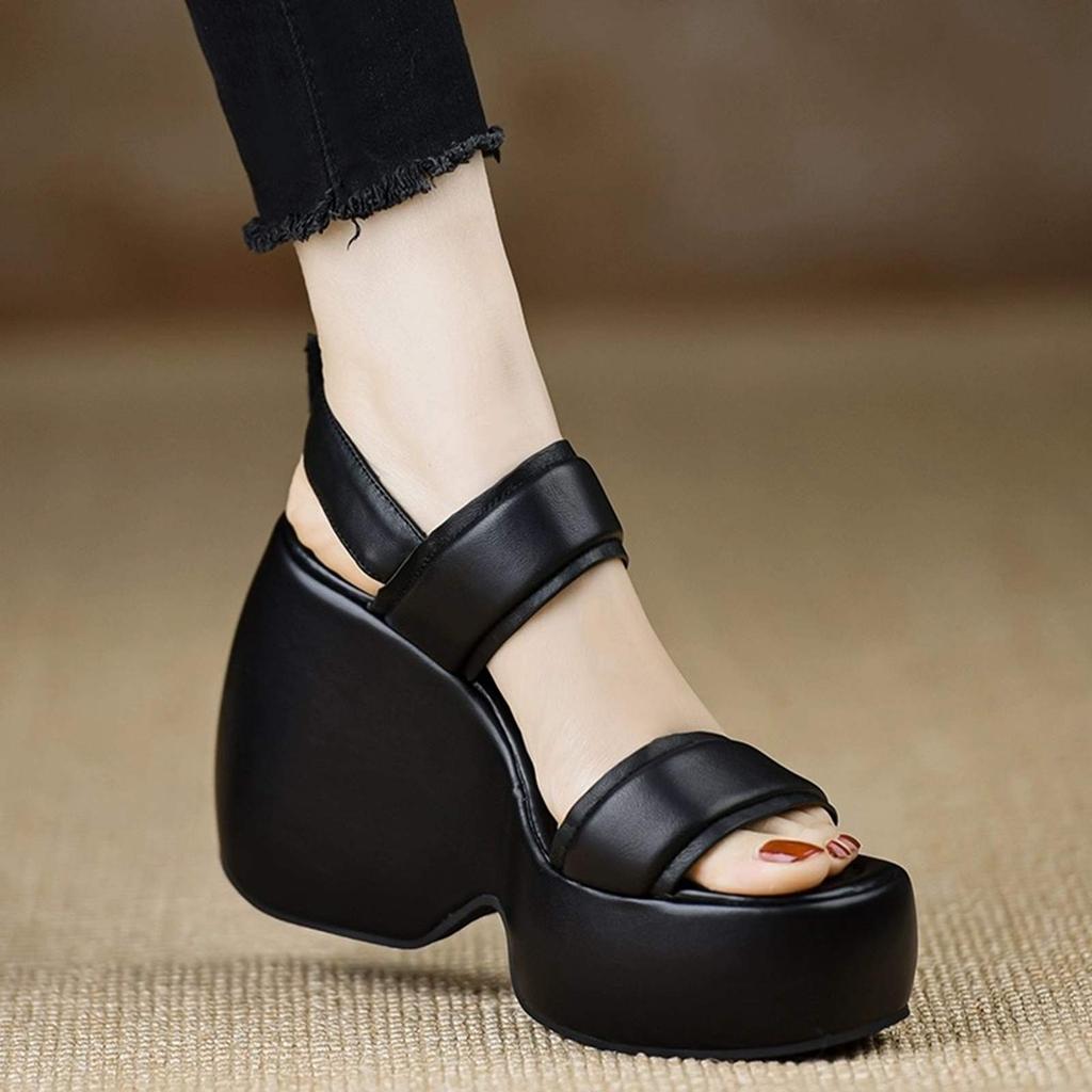 Krazing Pot Sheepskin Peep Toe Thick High Heels Platform Summer Shoes Hook Loop Casual Women Sandals