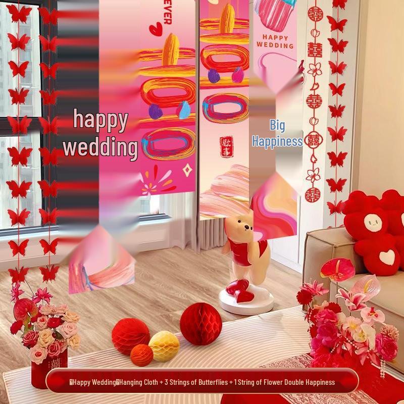 Double Happiness Wedding Decoration Set: Hanging Cloth Banner, Bedroom Curtains, and Pull Flowers