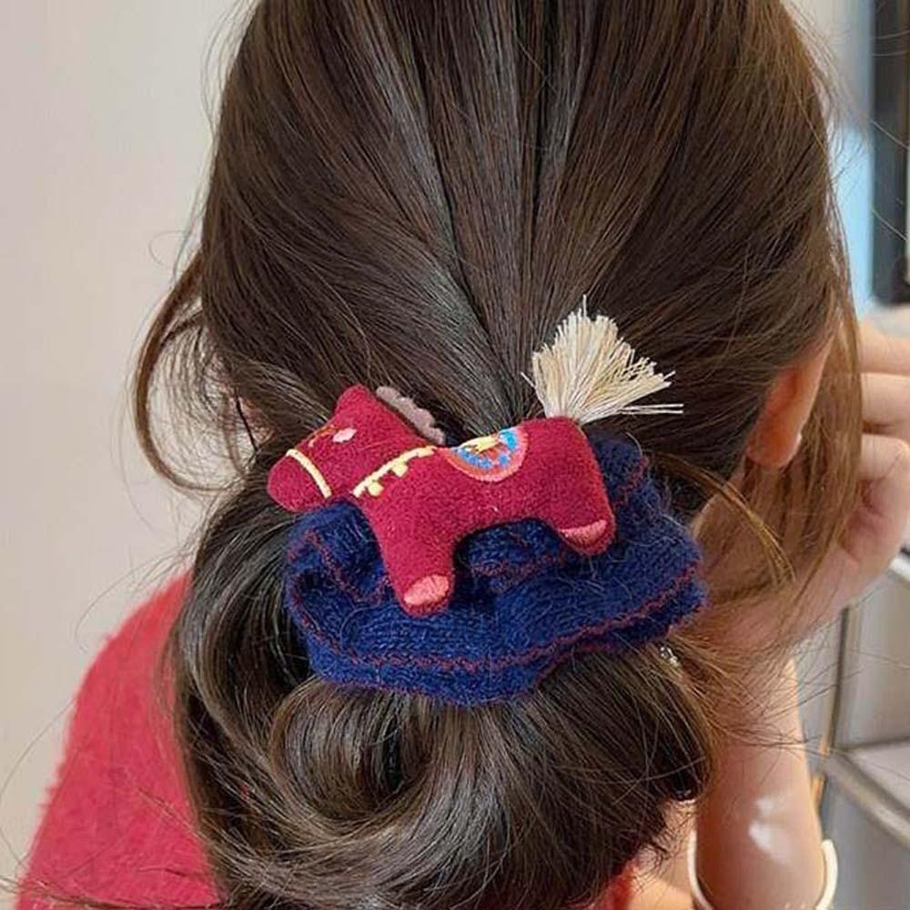 Embroidered Cartoon Animal Hair Rope Large Intestine Circle Bun Rubber Bands Horse Scrunchie  Women