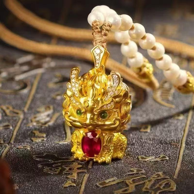 Vietnamese Gold Inlaid Zircon Kirin Pendant DIY Braided Rope Necklace – Long-lasting Color