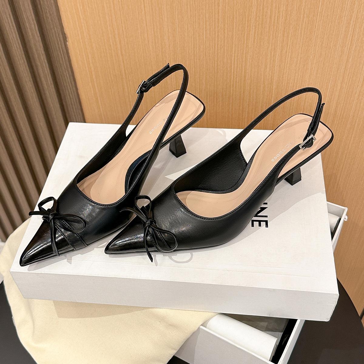 

623-15 French bow color matching pointed head thin heel single shoes women s spring and summer empty high heels niche bag head single shoes 35 чёрный