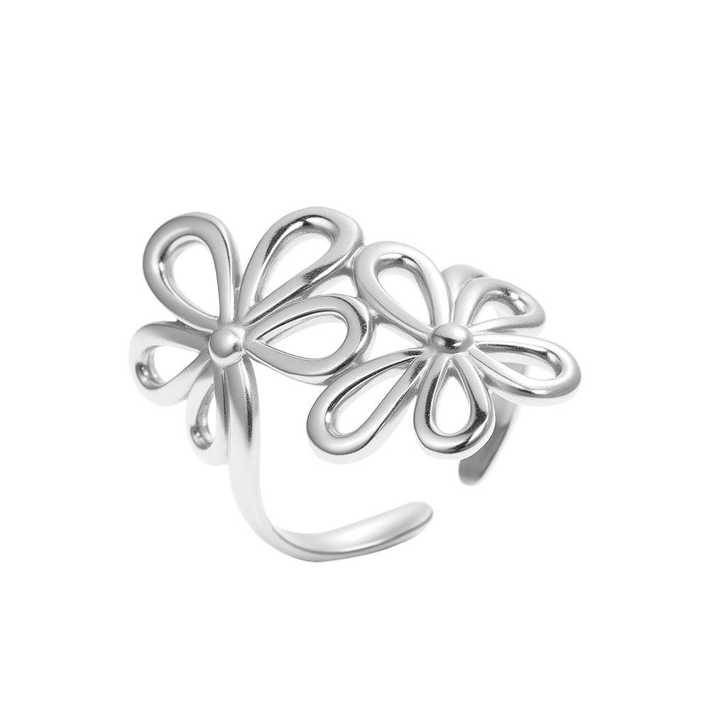 Stainless Steel Gold Color Hollow Flower Open Rings for Women Vintage Irregular Finger Rings Waterproof Zircon Birthday Gifts Open