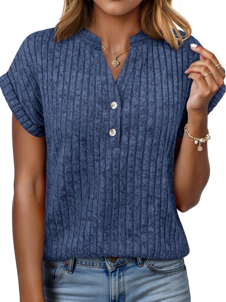 2026 Spring/Summer Casual Brushed Ribbed V-Neck Batwing Short-Sleeved Women's Top