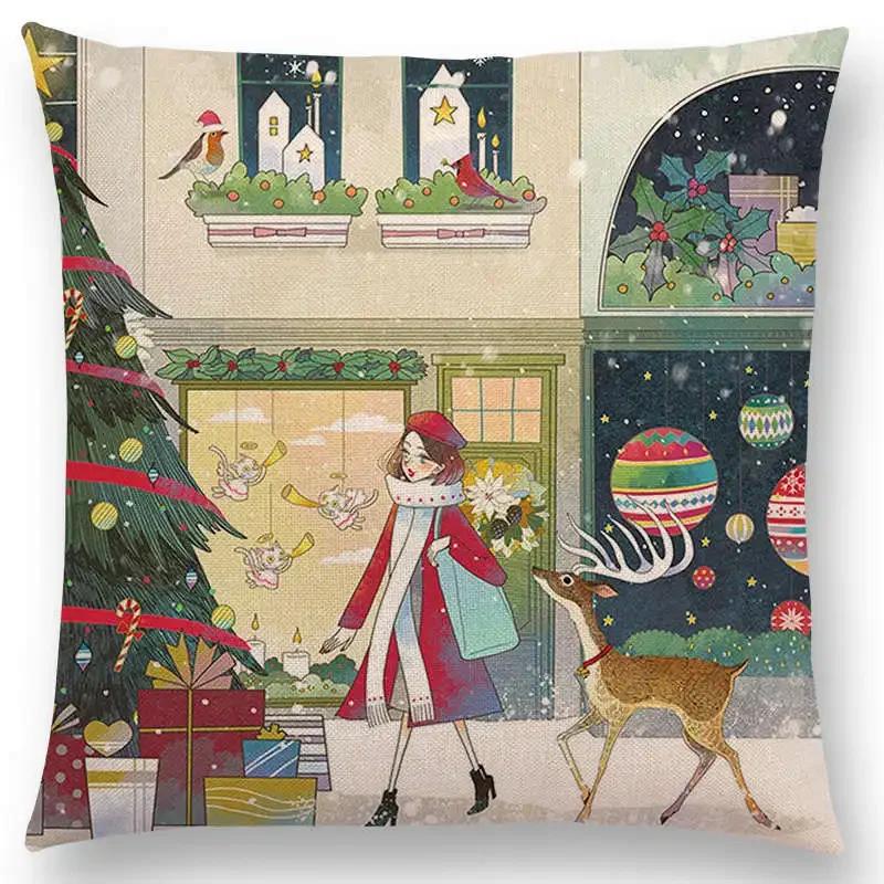 Neuankömmling Niedliche Cartoon-Tiere Kleine Katze Traum Elch Hübsches Mädchen Wald Leuchtender Stern Kissenbezug Sofa Wurfkissenbezug