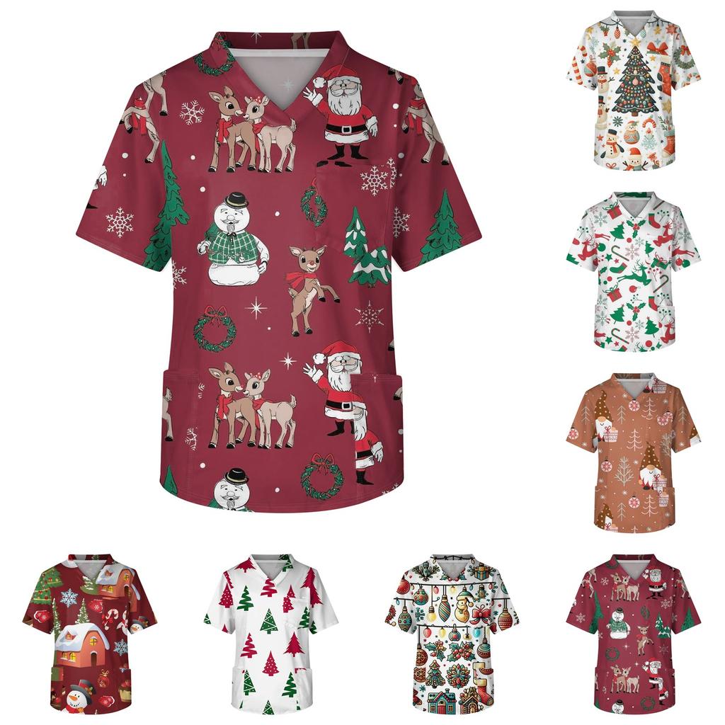 Men's Short Sleeve V-Neck Christmas Print Chest Pocket Care Top