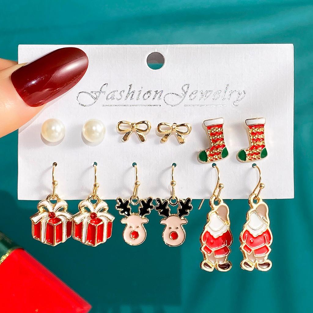 6 Pairs Christmas Earrings Set Selling Cartoon Dripping Oil Elk Santa Claus Christmas Tree Earrings for Women