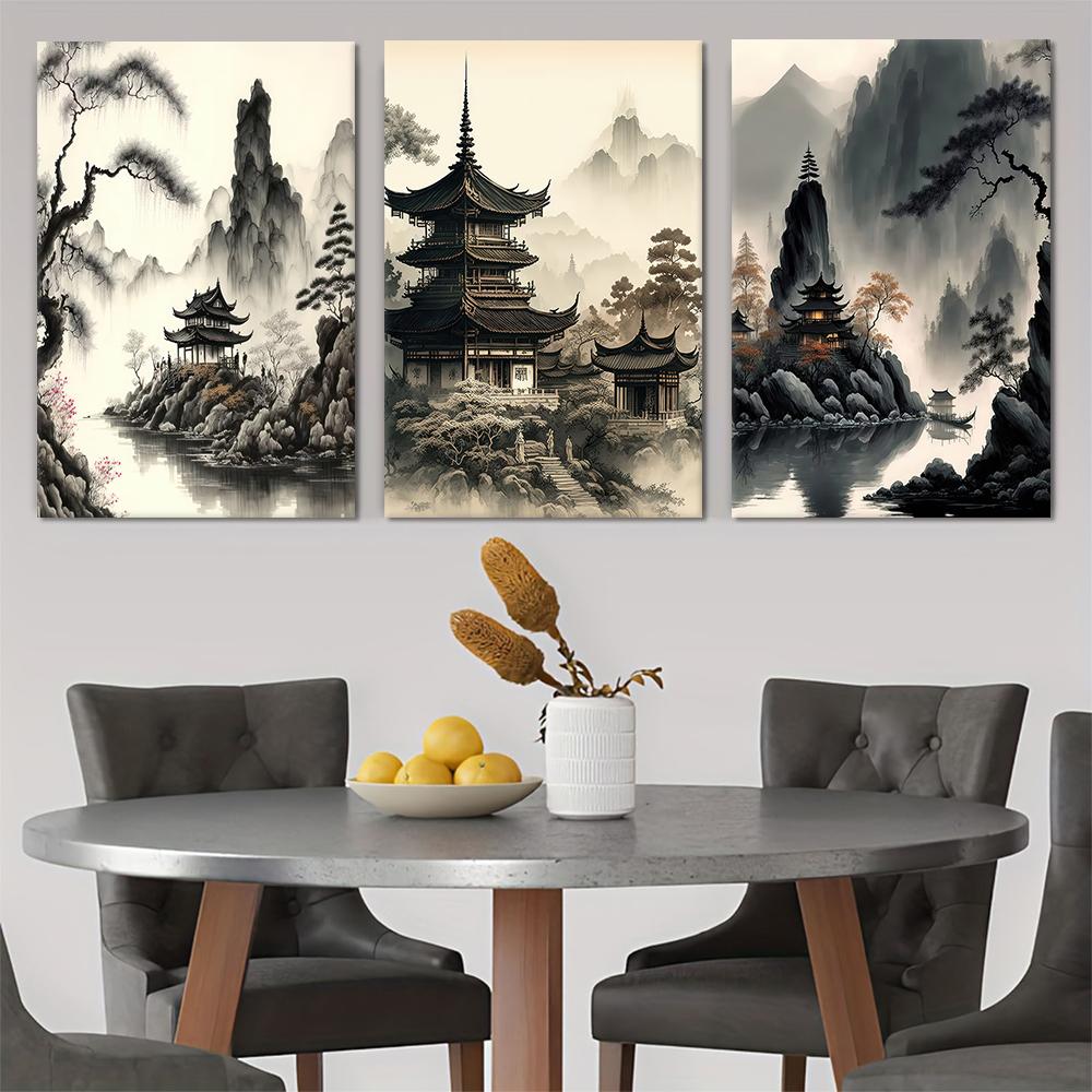 3 pieces of new Chinese ink landscape canvas decorative paintings, Chinese style Zen landscape pavilions, living rooms, entrance (as the picture,20x30cm No Frame)