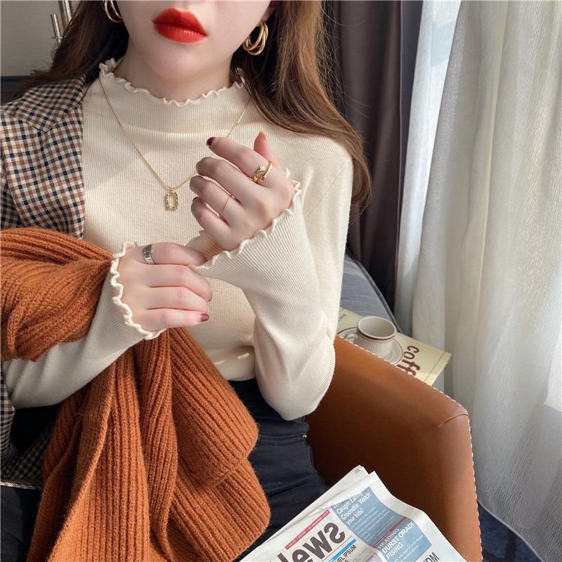 Spring and Autumn New Wooden Ear Edge Semi-turtleneck Sweater Knitted Sweater Top Women's Outer Wear Inner Bottoming Shirt