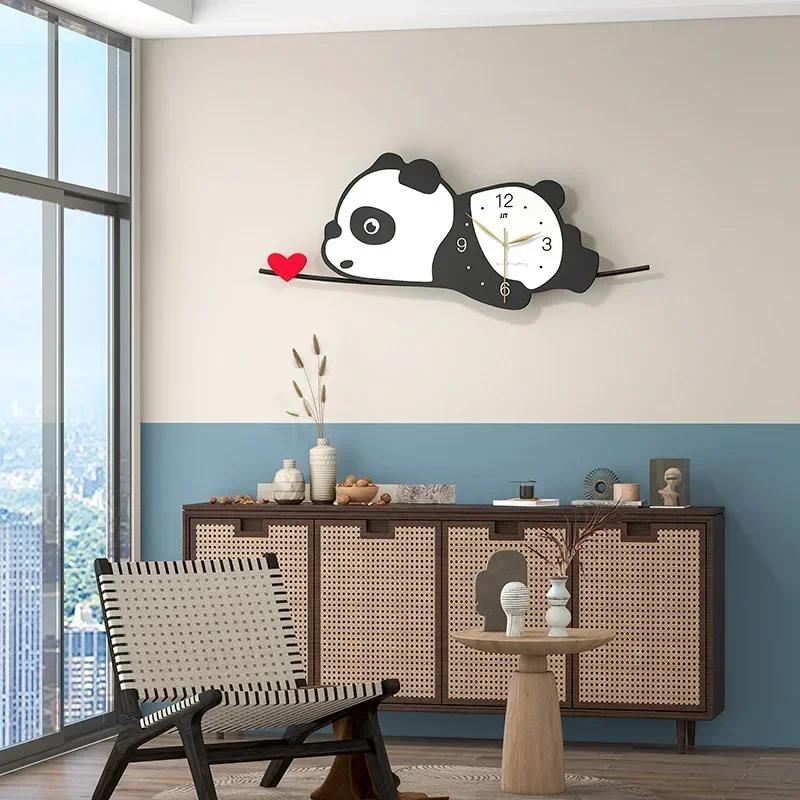 Cartoon Originality Panda Wall Clocks Digital Clock for Wall Home Living Room Decorate Loudspeaker Mute Ironwork Wall Watch