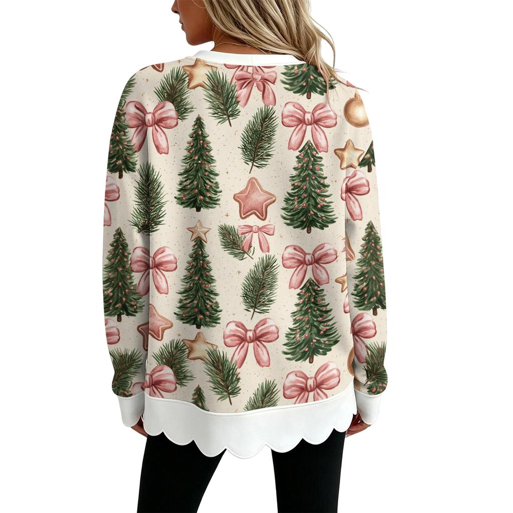 Women's Christmas Print Sweatshirt with Scalloped Wavy Hem and Neck for Holiday