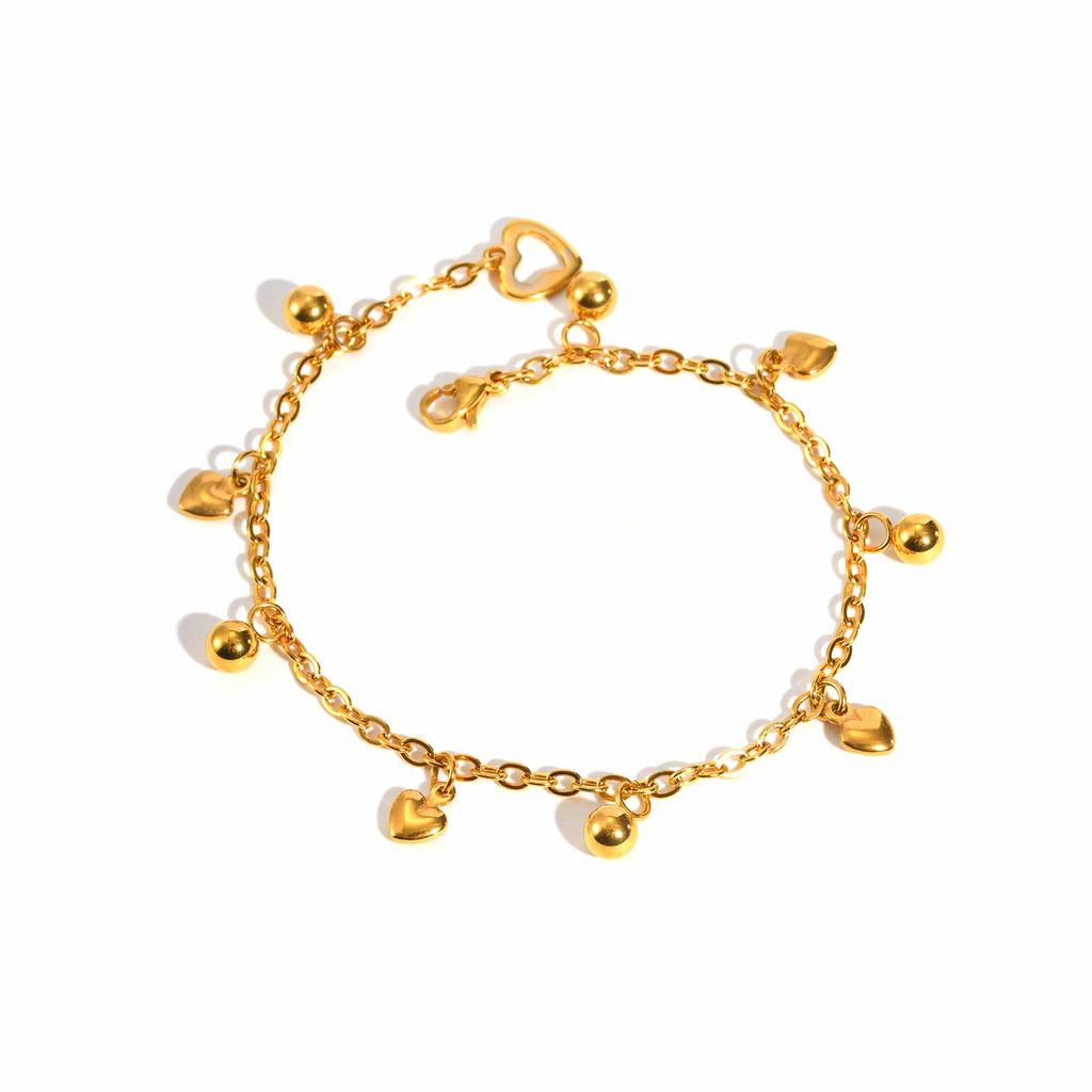 18K Gold Plated Round Beads Heart Charm Bracelet for Women, Stainless Steel Adjustable Bracelets, Dainty Waterproof Jewelry
