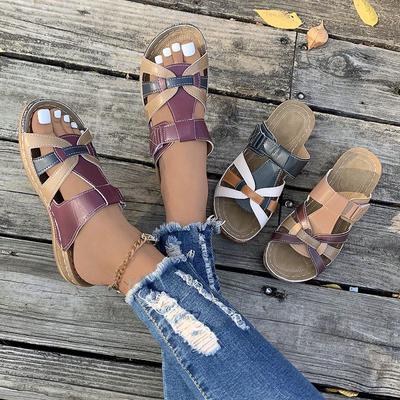 Slope Heel Thick Soled Hollow Out Slippers for Women's 2024 New Large-sized Leisure Car Stitching Color Blocking Fish Mouth Slippers