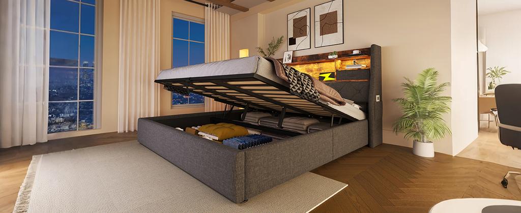 Upholstered Bed 140x200 Cm Hydraulic Storage & LED Headboard, 4 Charging Stations (USB/Type-C), Bed Slatted Base, Grey Linen Fabric (Without Mattress)