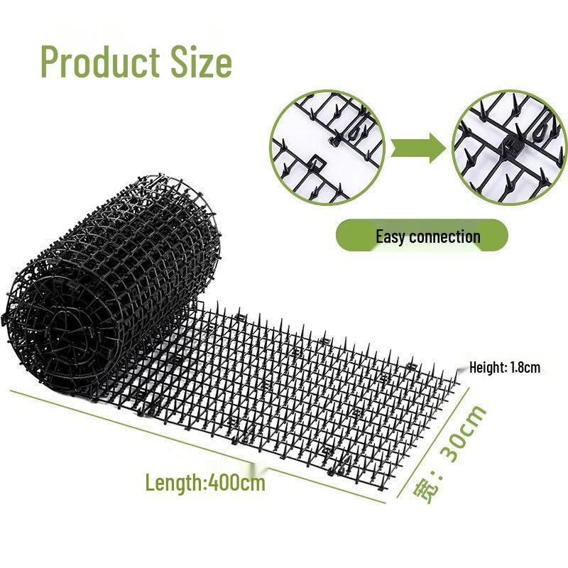Black 2x4m Plastic Anti-Cat Spike Mat for Balcony and Garden Cat Deterrent.