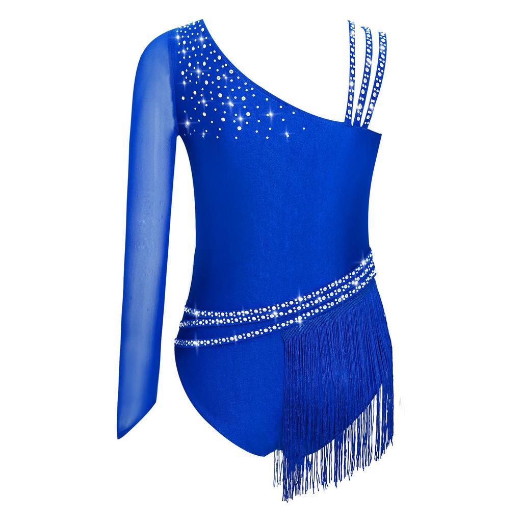 Dziewczęcy asymetryczny trykot do tańca z frędzlami na ramionach, kryształkami, łyżwiarstwem figurowym, gimnastyką rytmiczną, frędzlami, body, sukienka do tańca