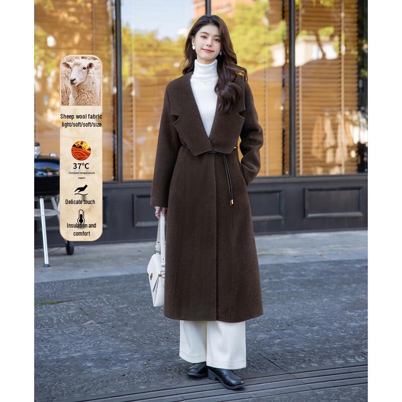 MOKANA Women's Double-Faced Wool Long Coat with Belt