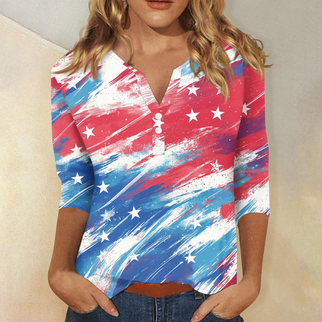 Women's T Shirt Independence Day Print Button 3/4 Sleeve Daily Weekend Fashion Basic V- Neck Regular Top