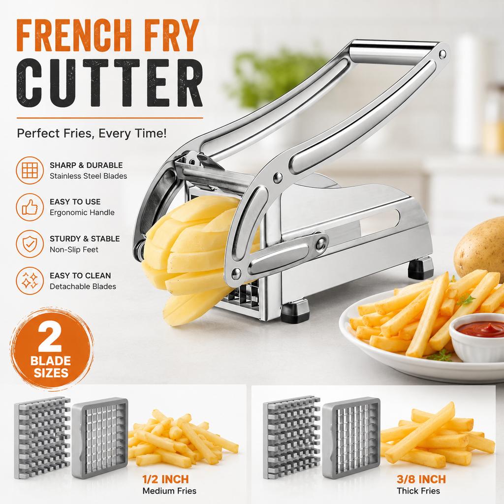 Heavy Duty Stainless Steel French Fry Cutter, Professional Potato Slicer with 2 Blades for Kitchen