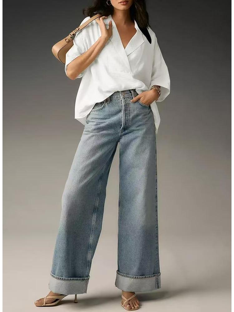 2025 Women's Casual Loose Short Sleeve Lapel Shirt - Solid Color, Summer Style