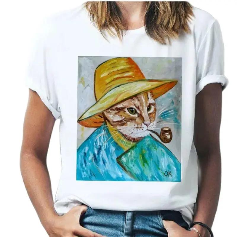 Oil Painting Cat Women's Fashion Personality Spoof Classic Oil Painting T-shirt Women Clothing Tops Harajuku Aesthetic Oversized