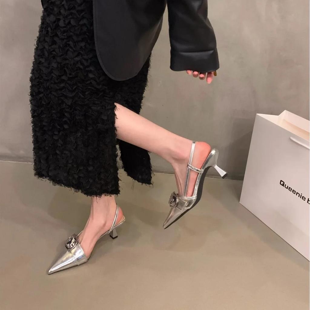 Women's Sandals Fashion Belt Buckle Design Women's Sandals Temperament Pointed Leather Sandals for Women High Heels Single Shoes