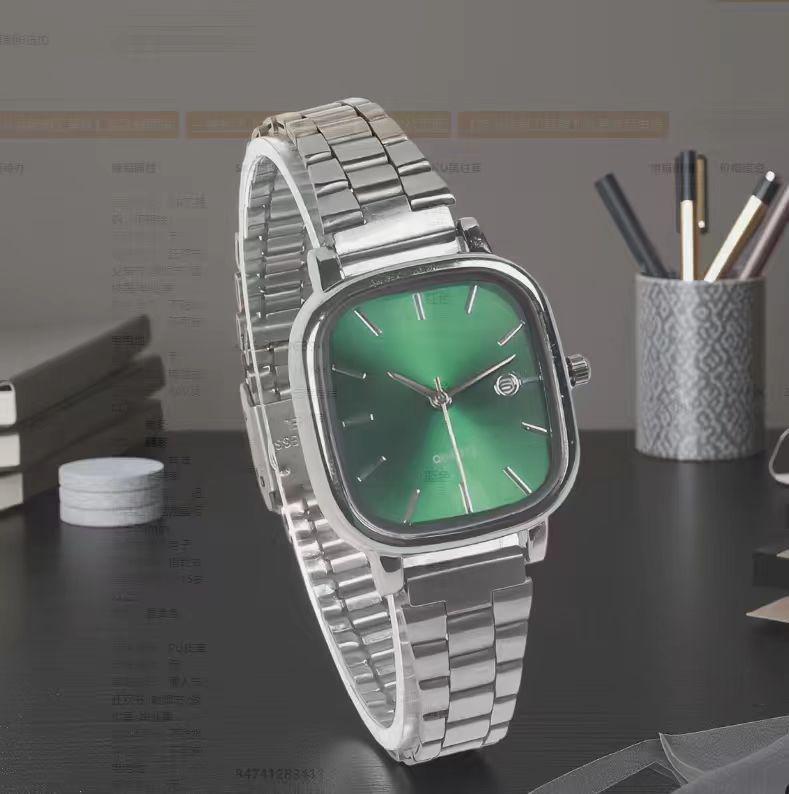 High-End Retro Silver Small Square Steel Band Watch with Calendar, Gold Brick Quartz Movement for Men and Women