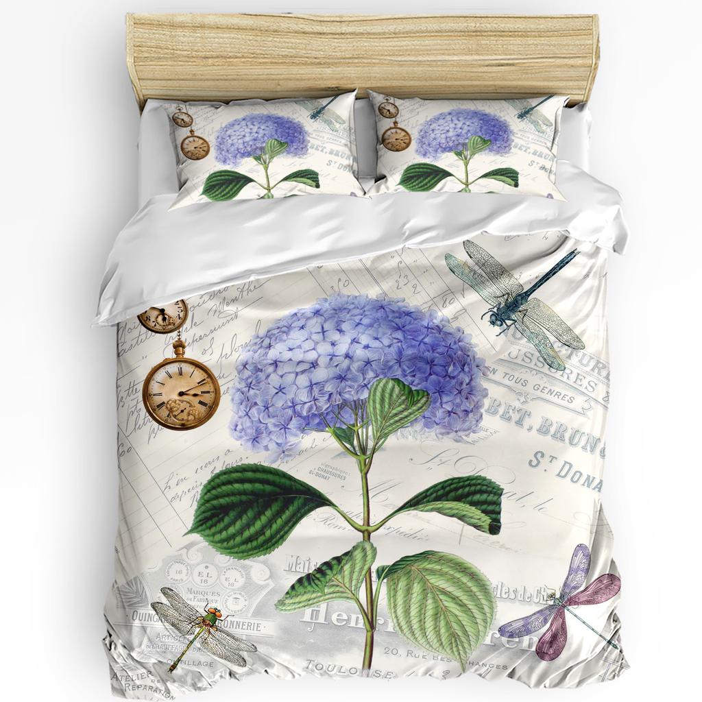 Purple Flower Dragonfly Vintage Clock Retro Duvet Cover With Pillow Case 3pcs Bedding Set Quilt Cover Double Bed Home Textile