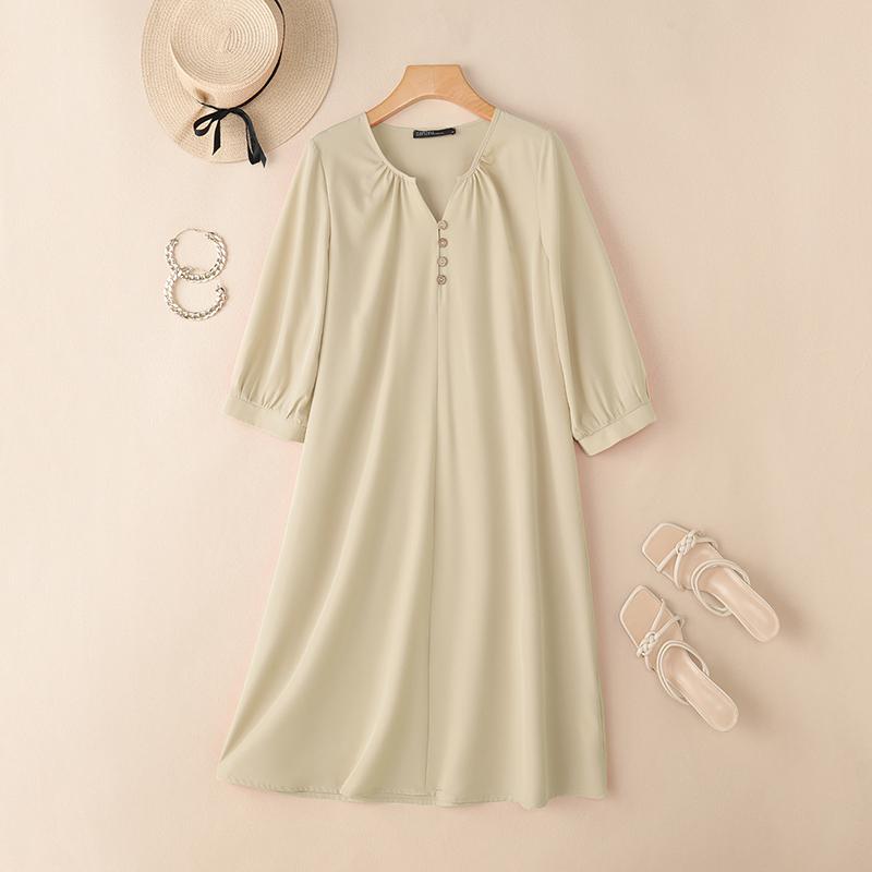 

ZANZEA Женское повседневное платье с V-образным вырезом, свободного кроя, с рукавом 3/4, однотонное 2XL хаки