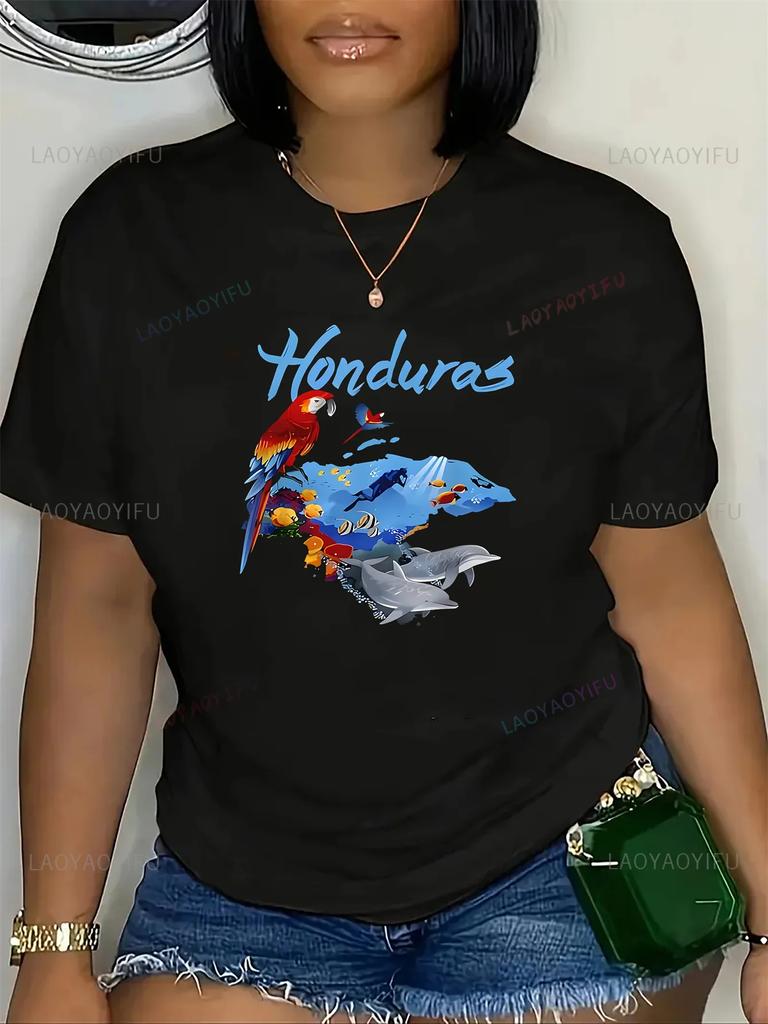 Honduras Damen Lässig Sportlich T-Shirt Honduras Grafikdruck Polyester Strickstoff Rundhalsausschnitt Ganzjahresmode Freizeitkleidung