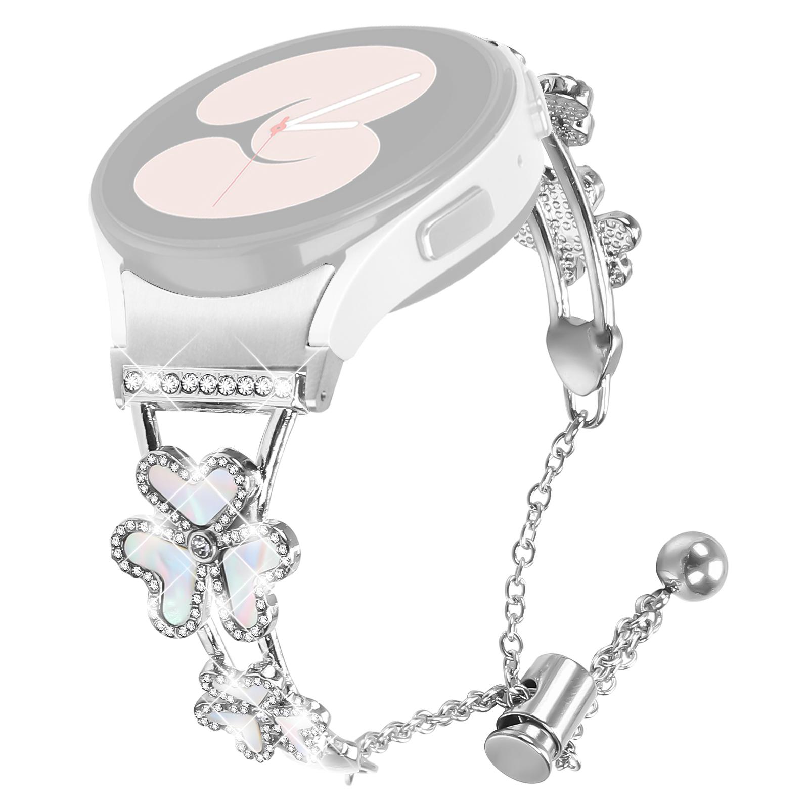 

Metal Band with Connector For Samsung Galaxy Watch6/Watch6 Classic Heart Clover Decor Watch Strap Silver