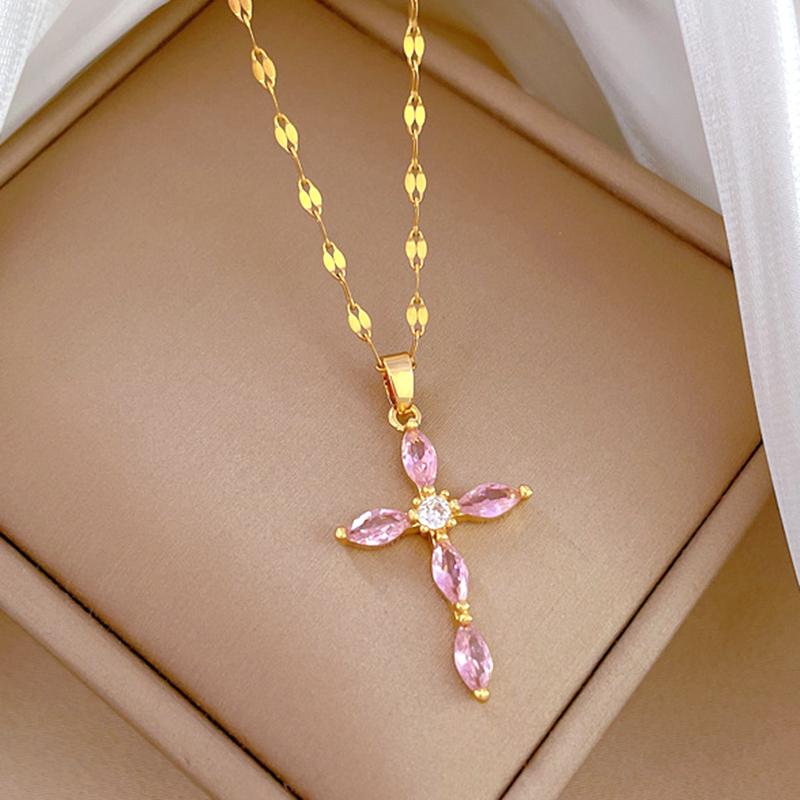 Women's Luxury Zircon Cross Pendant Jewelry Set with Stainless Steel Chain Party Birthday Necklace Earrings Fashion