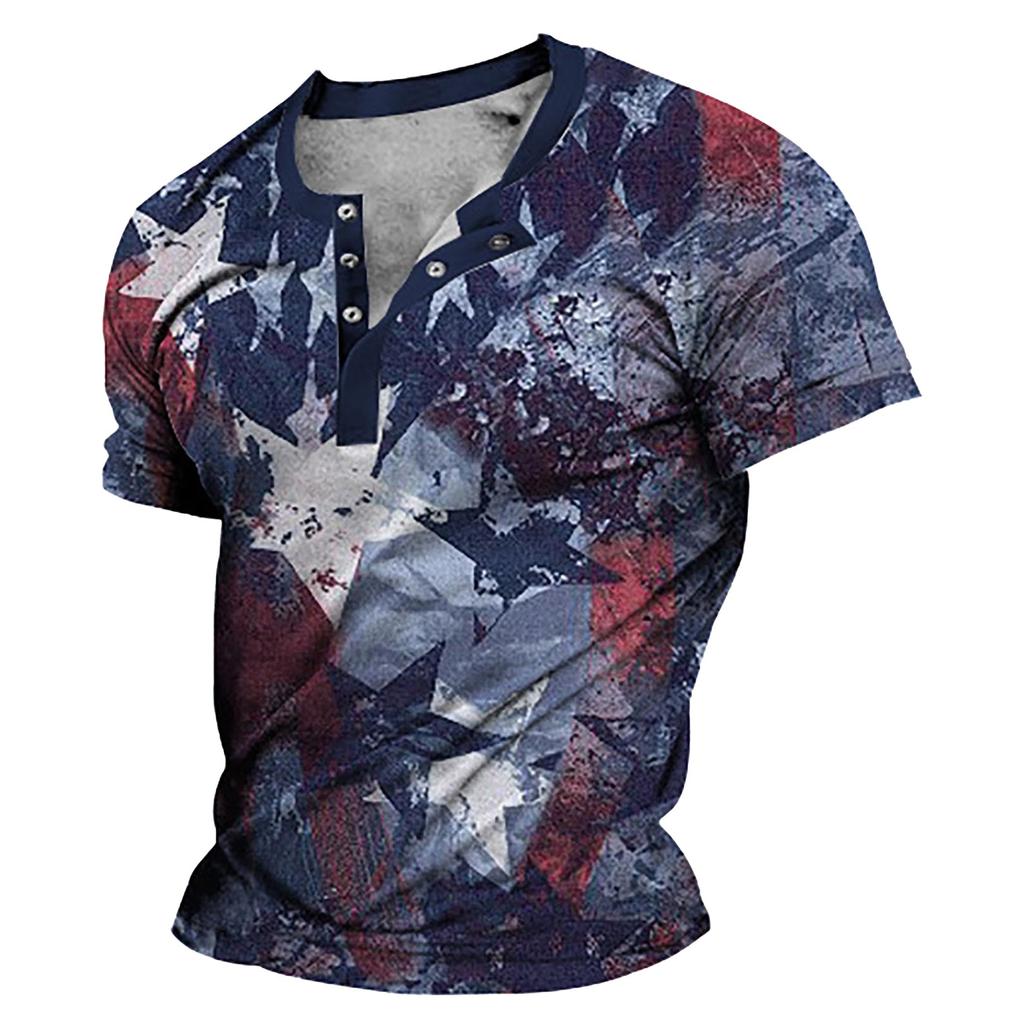 Men's Retro Print Stand Collar Three-button Neck Commemorative Short-sleeved Shirt Top