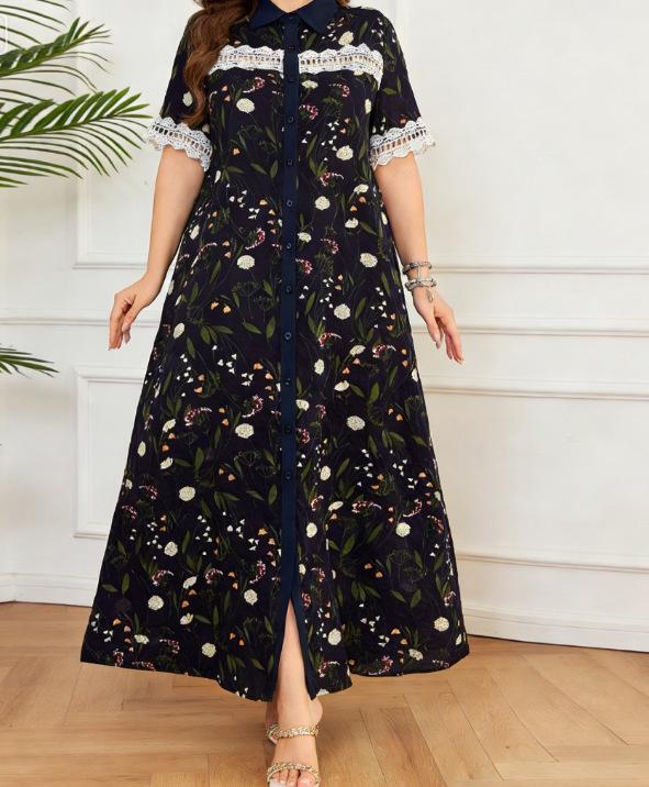 Plus Size Floral Lace Patchwork Long Sleeve Shirt Dress with Lapel 0XL