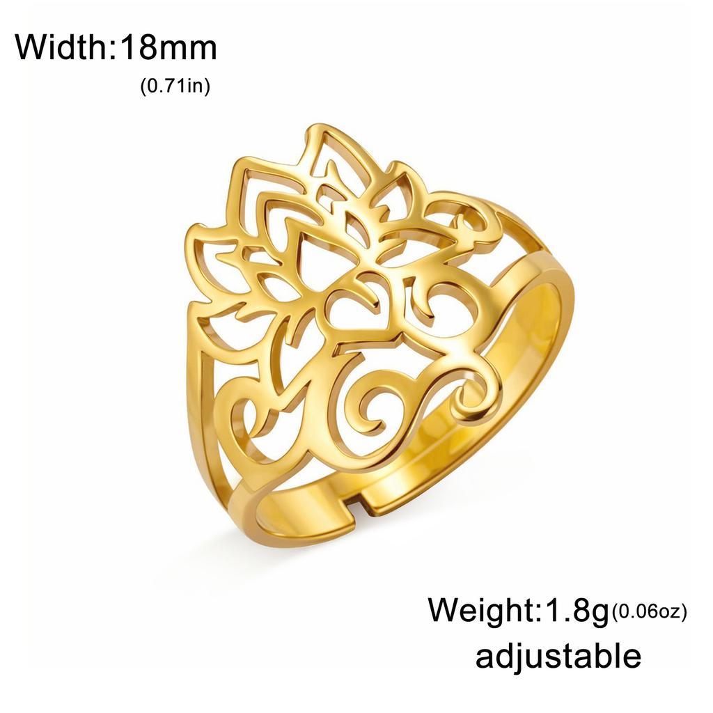 Retro Lotus OM Symbol Open Ring Stainless Steel Women's Buddhist Adjustable Talisman Couple Anniversary Jewelry Gift