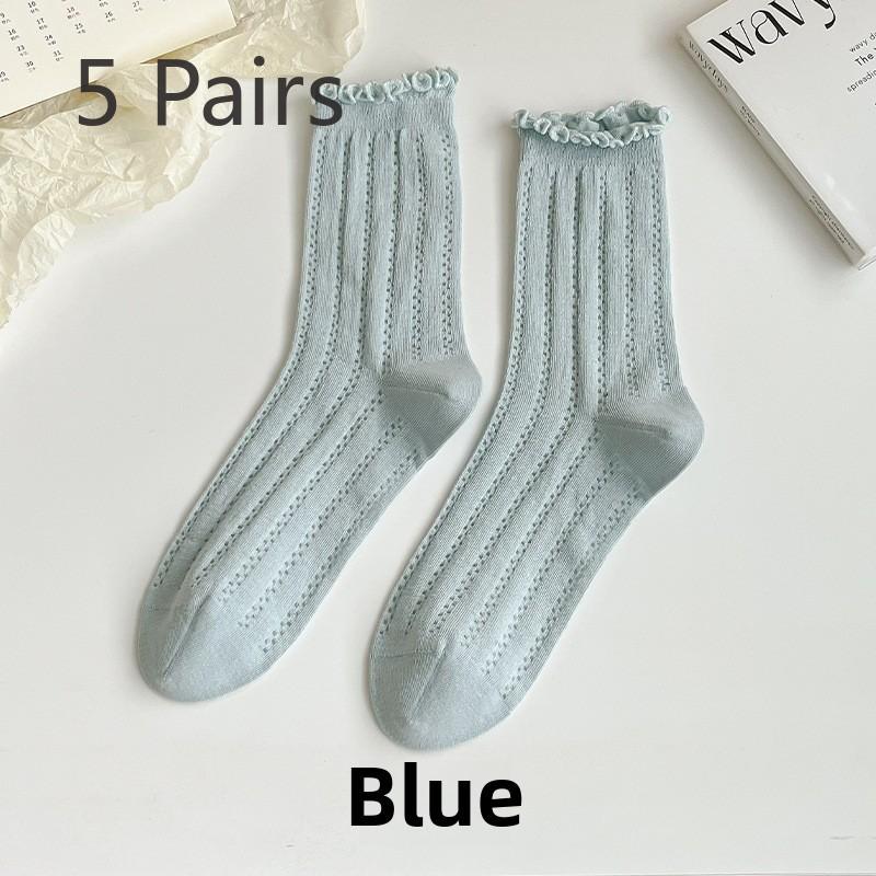 5 Pairs Ballet Style Hollow Mesh Wooden Ear Lace Socks Summer Thin Section of Boneless Mid-calf Socks Candy-coloured Stacked Socks