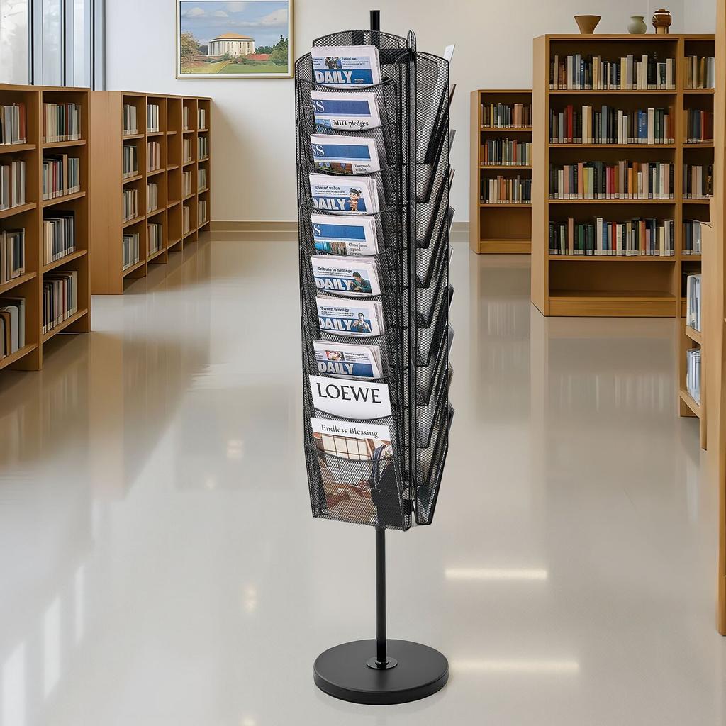 Rotating Brochure Display Rack, 30 Pockets Mesh Magazine Literature Display Stand, Portable Floor Standing Magazine Rack, Metal Newspaper Catalog