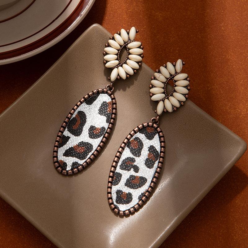 Oval Leopard Print Turquoise Earrings High-End Bohemian Earrings Women'S Fashion Heavy Industry Ear Jewelry